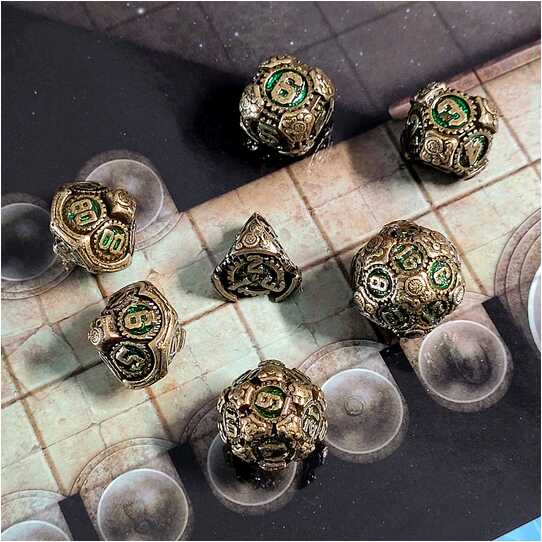 Forged - Chronomica Mechanicum Gold/Green Metal RPG 7 Dice Set