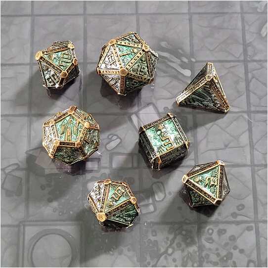 Forged - Cryptic Reliquary Shimmering Green Metal RPG 7 Dice Set