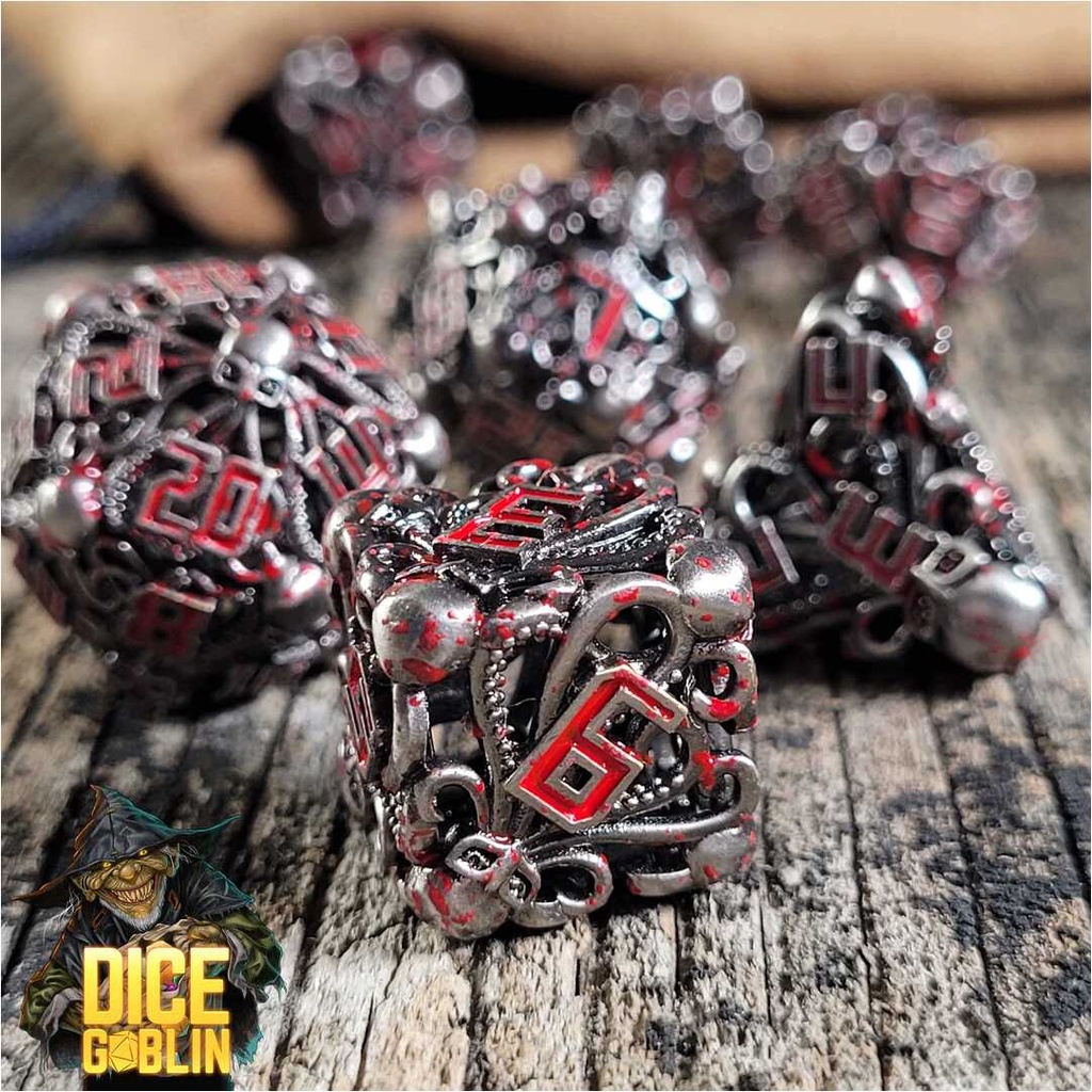 Forged - Dice Goblin Fathomless Fate Silver with Blood Splatter Hollow Metal RPG 7 Dice Set