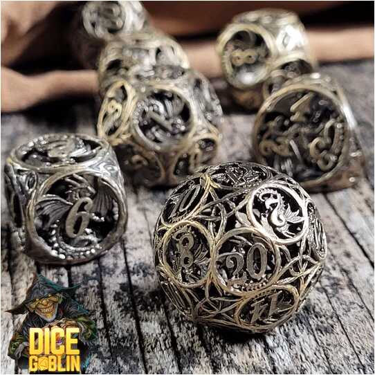 Forged - Dice Goblin Dragon's Round Hollow Metal RPG 7 Dice Set - Weathered Gold