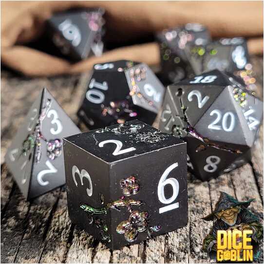 Forged - Dice Goblin Flowers Metal RPG 7 Dice Set - Black Glitter