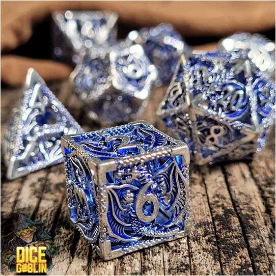 Forged - Dice Goblin Dragon Rampant Hollow - Silver/Dark Blue Metal RPG 7 Dice Set