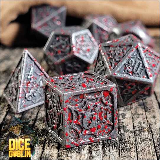 Forged - Dice Goblin Webs - Weathered Silver/Blood Splatter Metal RPG 7 Dice Set