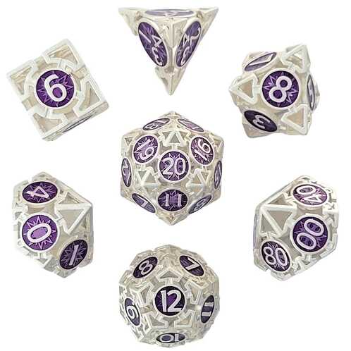 [FORGE_FG-DC-WNDROS-SILPUR-7] Forged - Wind's Rose Silver Purple Hollow Metal RPG 7 Dice Set