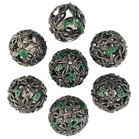 [FORGE_FG-DC-SYLVN-SILGRN-7] Forged - Sylvan Spheres Silver Green Hollow Metal RPG 7 Dice Set