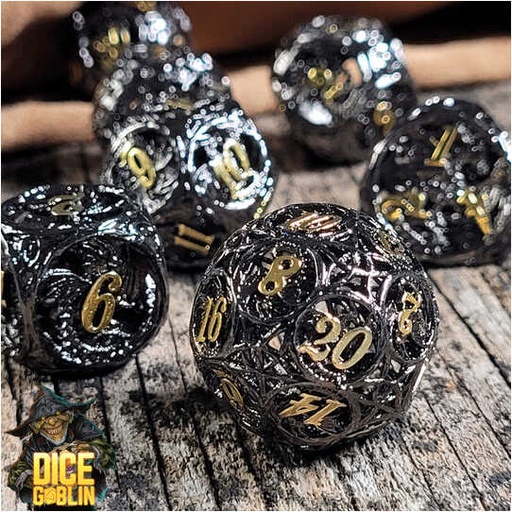[FORGE_FG-DG-DC-0007] Forged - Dice Goblin Dragon's Round Hollow Metal RPG Dice Set - Black/Gold