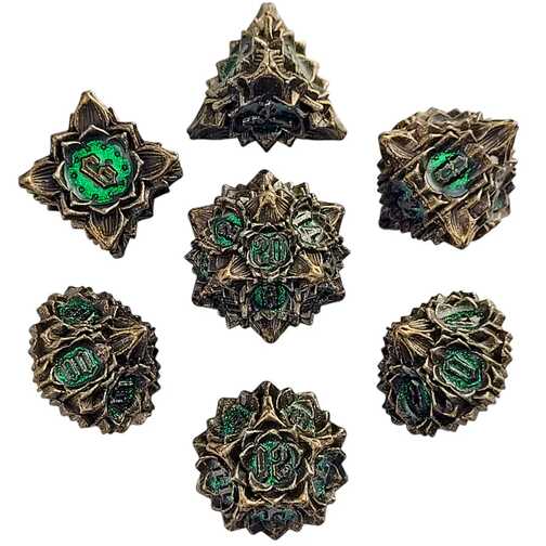 [FORGE_FG-DC-GOTHBO-GLDGRN7] Forged - Gothic Bouquet Antique Gold Green Metal RPG 7 Dice Set