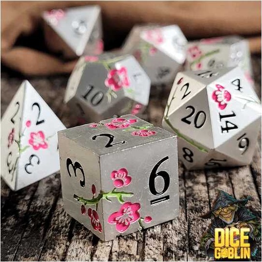 [FORGE_FG-DG-DC-0049] Forged - Dice Goblin Flowers Metal RPG 7 Dice Set - Silver/Pink