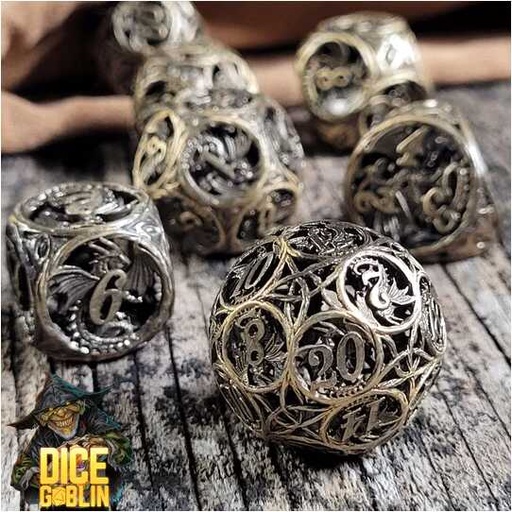 [FORGE_FG-DG-DC-0006] Forged - Dice Goblin Dragon's Round Hollow Metal RPG 7 Dice Set - Weathered Gold
