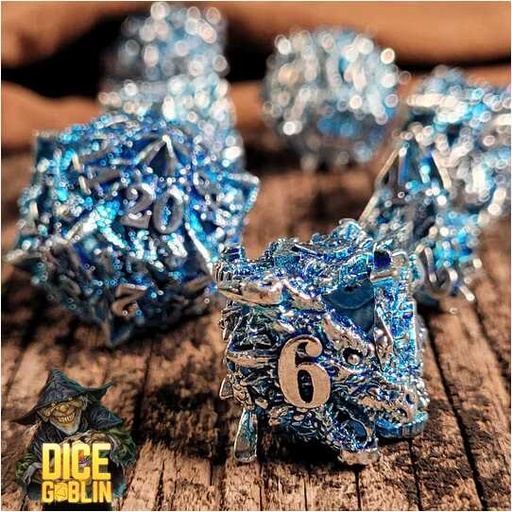 [FORGE_FG-DG-DC-0010] Forged - Dice Goblin Dragon's Head Hollow Metal RPG 7 Dice Set - Silver/Blue