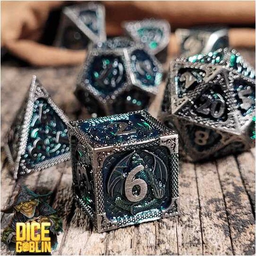 [FORGE_FG-DG-DC-0032] Forged - Dice Goblin Dragon's Breath Metal RPG 7 Dice Set - Weathered Silver/Green
