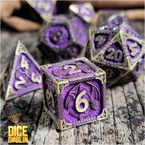 [FORGE_FG-DG-DC-0031] Forged - Dice Goblin Dragon's Breath Metal RPG 7 Dice Set - Weathered Gold/Purple