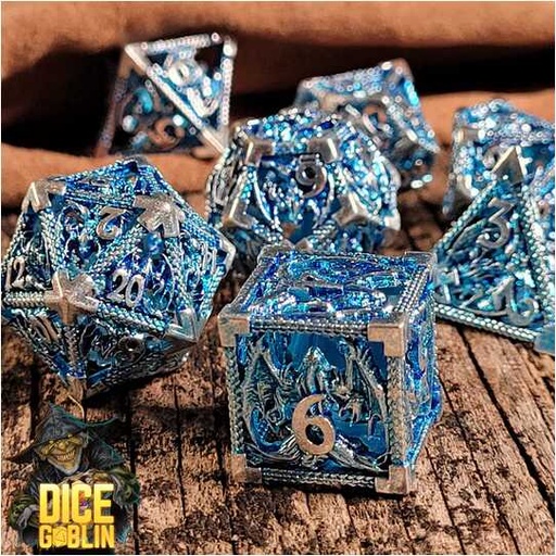 [FORGE_FG-DG-DC-0005] Forged - Dice Goblin Dragon Rampant Hollow Metal RPG 7 Dice Set - Silver/Blue