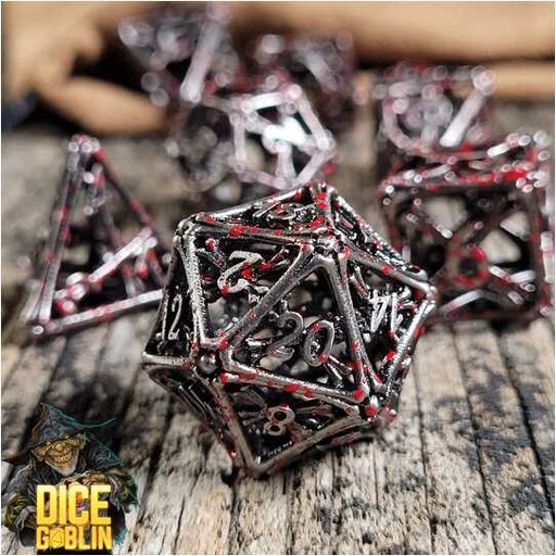 [FORGE_FG-DG-DC-0030] Forged - Dice Goblin Hollow Bones Metal RPG Dice Set - Weathered Silver/Blood Splatter