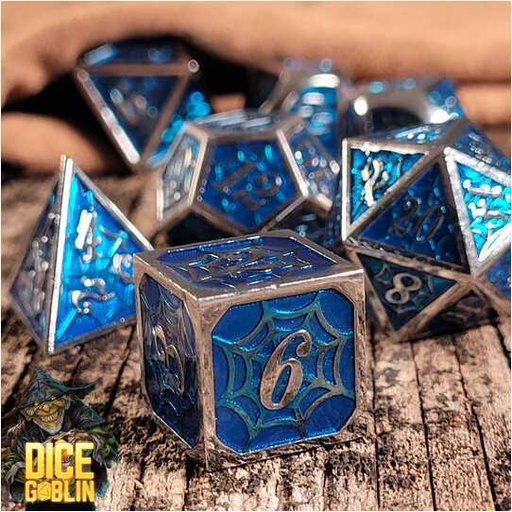 [FORGE_FG-DG-DC-0058] Forged - Dice Goblin Webs Metal RPG 7 Dice Set - Silver/Blue