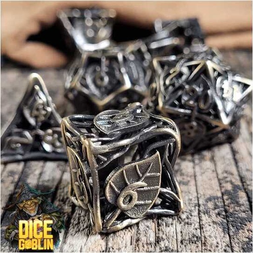 [FORGE_FG-DG-DC-0026] Forged - Dice Goblin Leaves Metal RPG 7 Dice Set - Weathered Gold