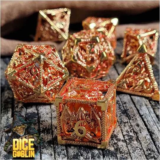 [FORGE_FG-DG-DC-0004] Forged - Dice Goblin Dragon Rampant Hollow - Gold/Red Metal RPG 7 Dice Set