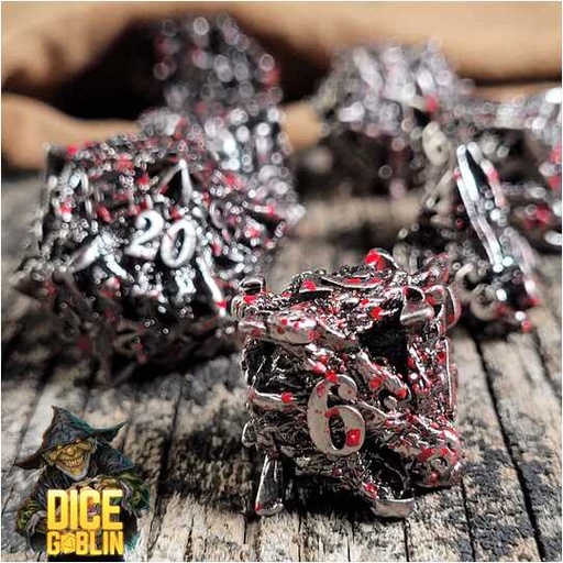[FORGE_FG-DG-DC-0008] Forged - Dice Goblin Dragon's Head Hollow - Weathered Silver/Blood Splatter Metal RPG 7 Dice Set 