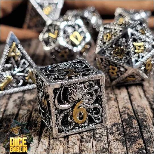 [FORGE_FG-DG-DC-0018] Forged - Dice Goblin Deep Dreamer Hollow - Silver/Gold Metal RPG 7 Dice Set