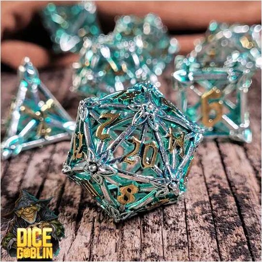[FORGE_FG-DG-DC-0019] Forged - Dice Goblin Flower Petals - Silver/Green Metal RPG 7 Dice Set