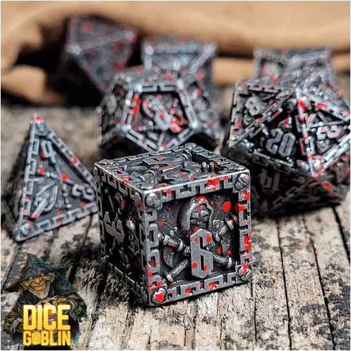 [FORGE_FG-DG-DC-0035] Forged - Dice Goblin Reaper - Weathered Silver/Blood Splatter Metal RPG 7Dice Set