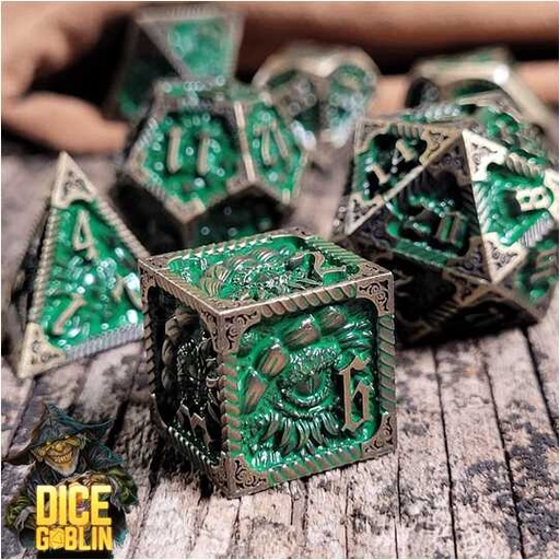 [FORGE_FG-DG-DC-0039] Forged -  Dice Goblin Dragon's Eye - Gold/Green Metal RPG 7 Dice Set 