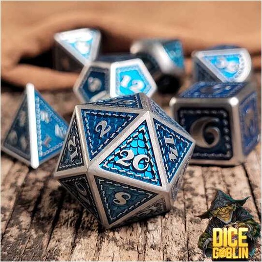 [FORGE_FG-DG-DC-0042] Forged - Dice Goblin Scales - Silver/Blue Metal RPG 7 Dice Set