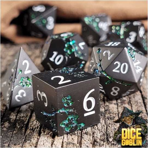 [FORGE_FG-DG-DC-0047] Forged - Dice Goblin Flowers Black/Green Metal RPG 7 Dice Set