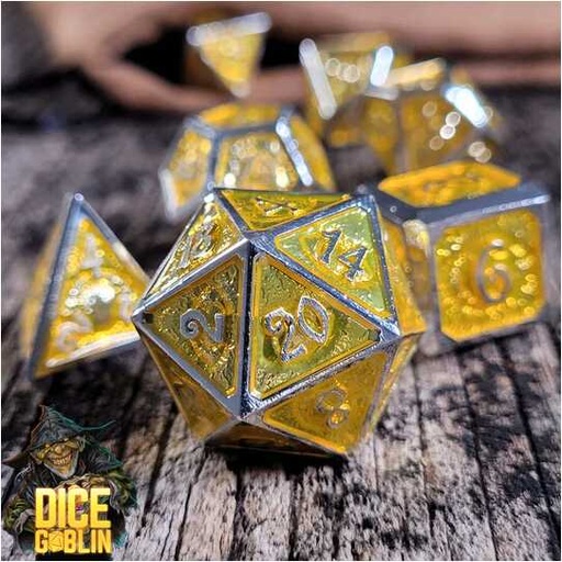 [FORGE_FG-DG-DC-0066] Forged - Dice Goblin Eyes - Silver/Foiled Gold Metal RPG 7 Dice Set