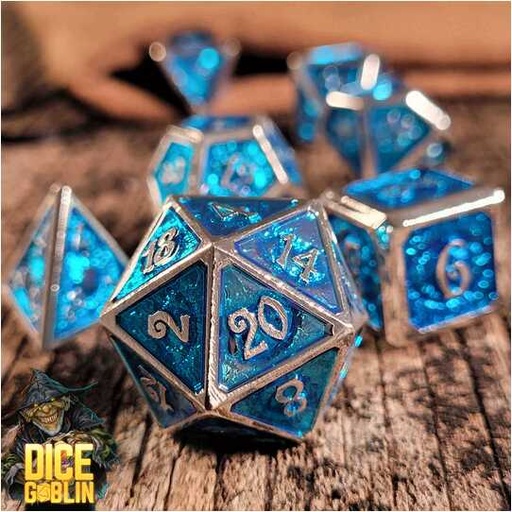 [FORGE_FG-DG-DC-0067] Forged - Dice Goblin Eyes - Silver/Foiled Blue Metal RPG 7 Dice Set