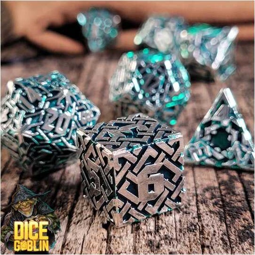 [FORGE_FG-DG-DC-0072] Forged - Dice Goblin Knots - Silver/Green Metal RPG 7 Dice Set