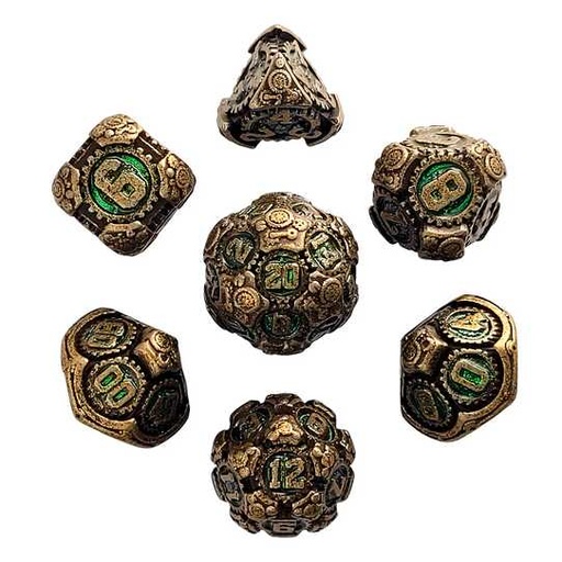[FORGE_FG-DC-CHROMEC-GLDGRN-7] Forged - Chronomica Mechanicum Gold/Green Metal RPG 7 Dice Set