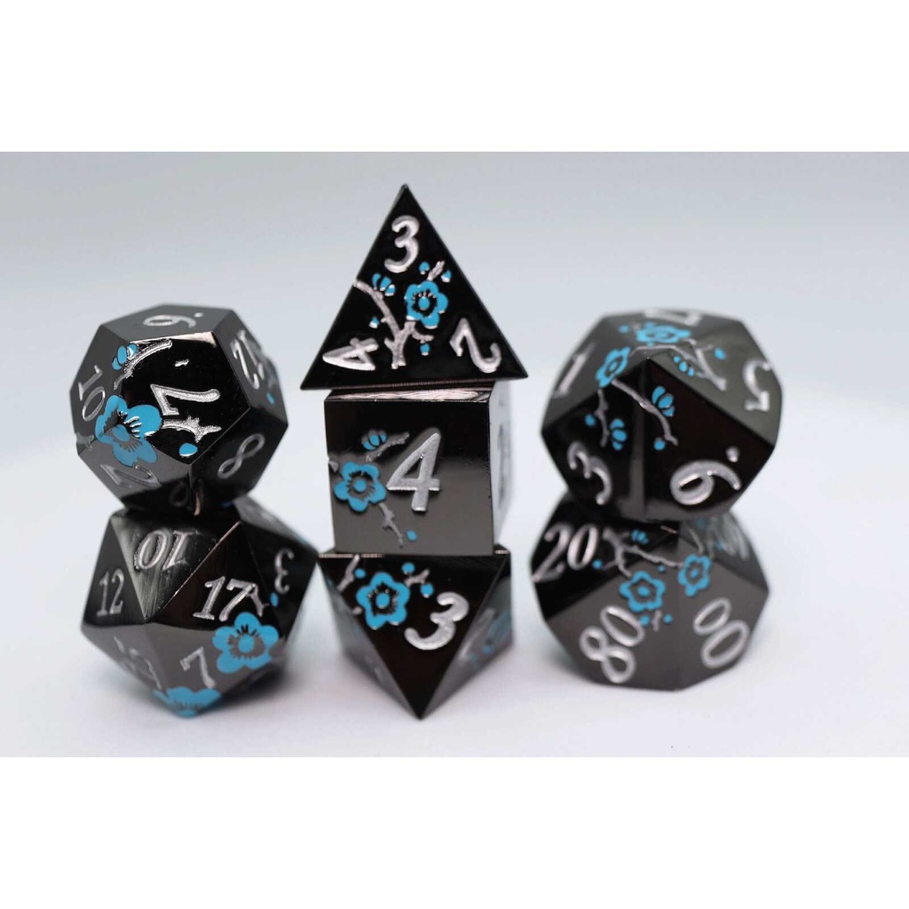 Foam Brain - Metallic Bouquet: Black with Blue Orchids - Metal RPG Dice Set